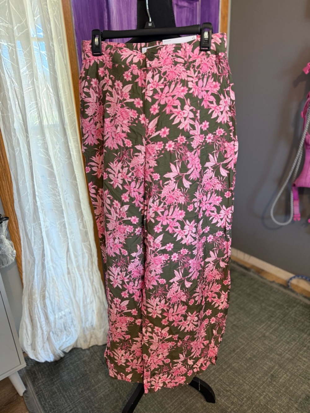 Liz Claiborne Olive and Pink Floral Wide-Leg Pants